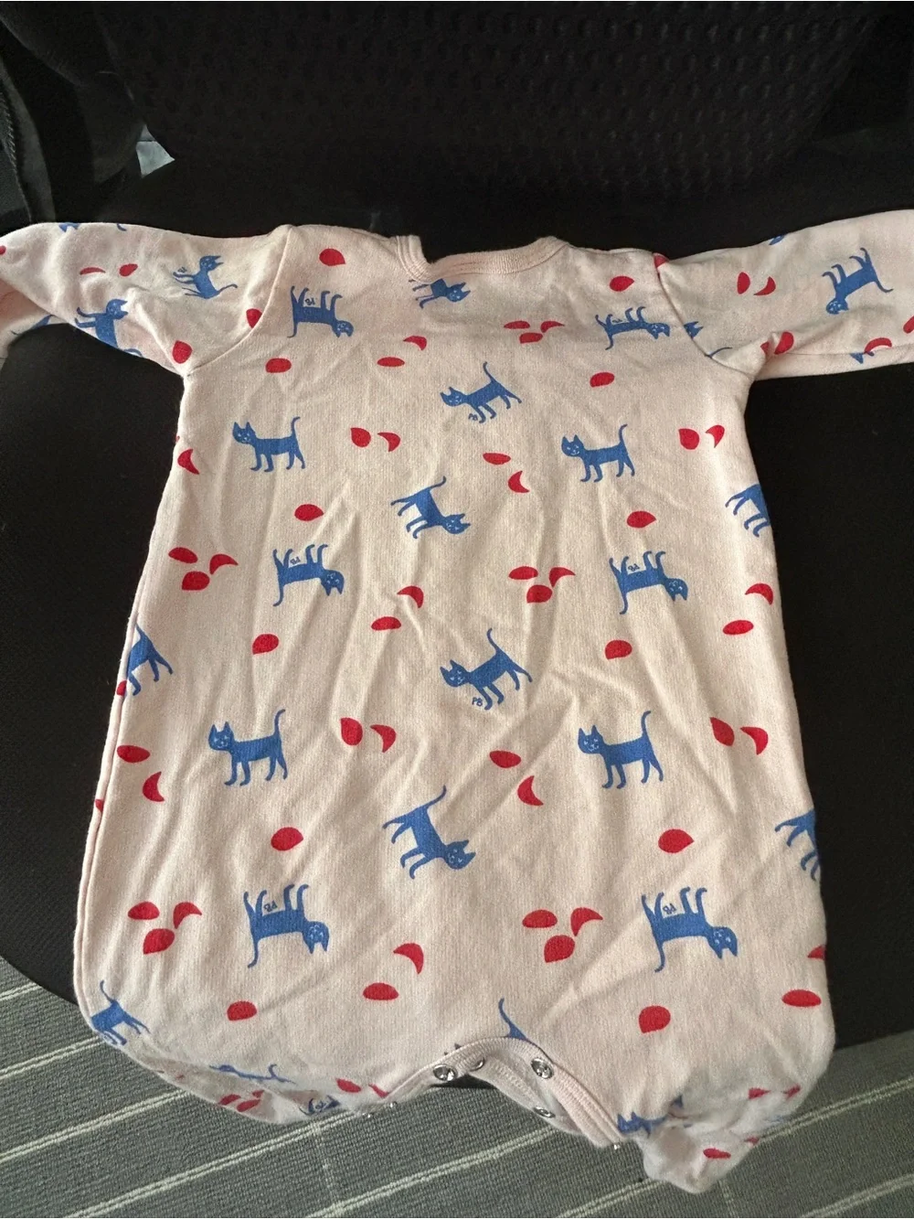 Petit Bateau Light Pink One-Piece Footie with Blue Cat and Red Leaf Print